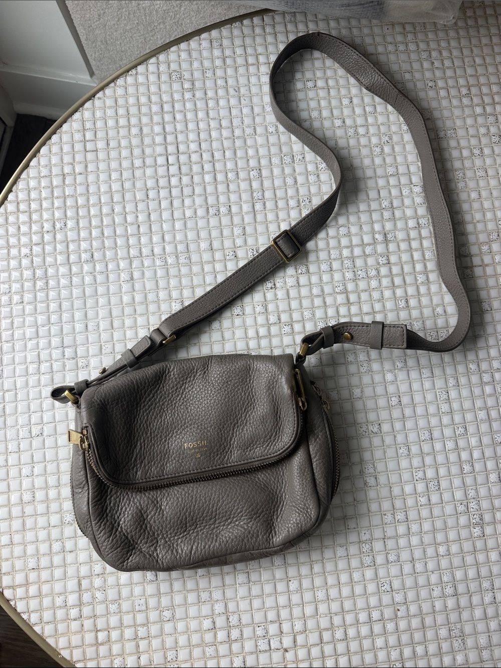 Fossil Gray Pebbled Leather Crossbody Bag